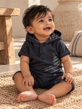 Fierce Frank Baby Boys Black Star Hooded Romper Shortall Jumpsuit 3-6M